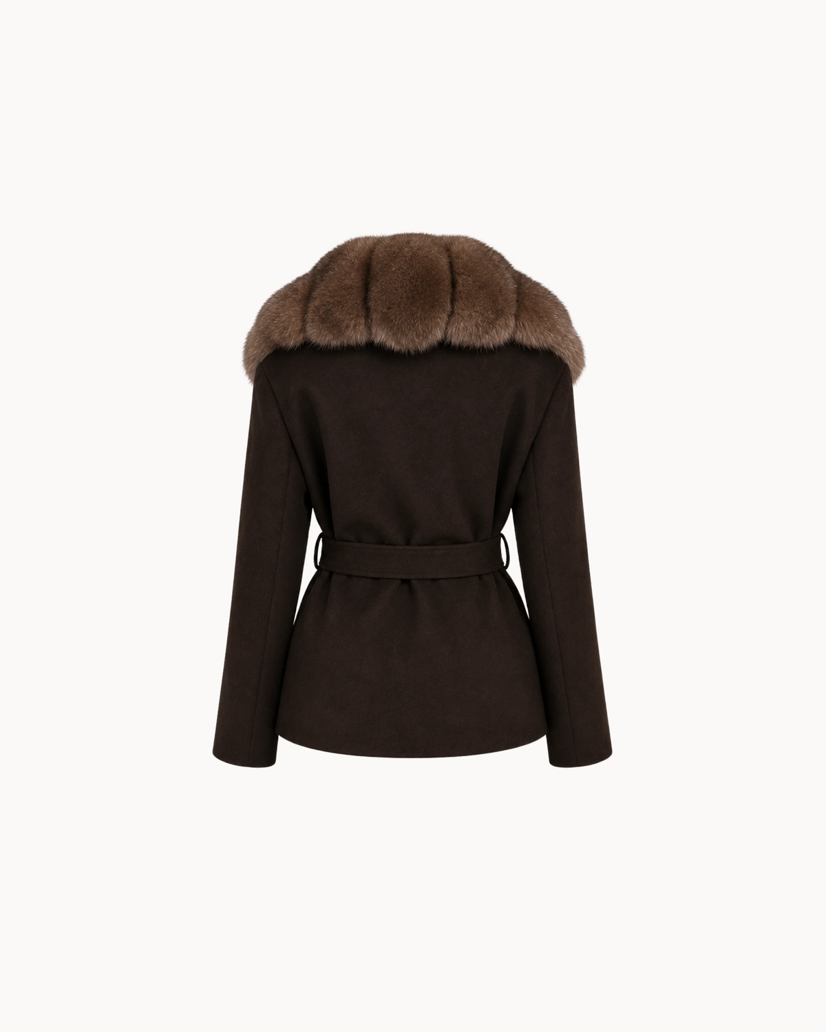 Manteau noir ceinturé à col fourrure Mathilde, Ceres Studio